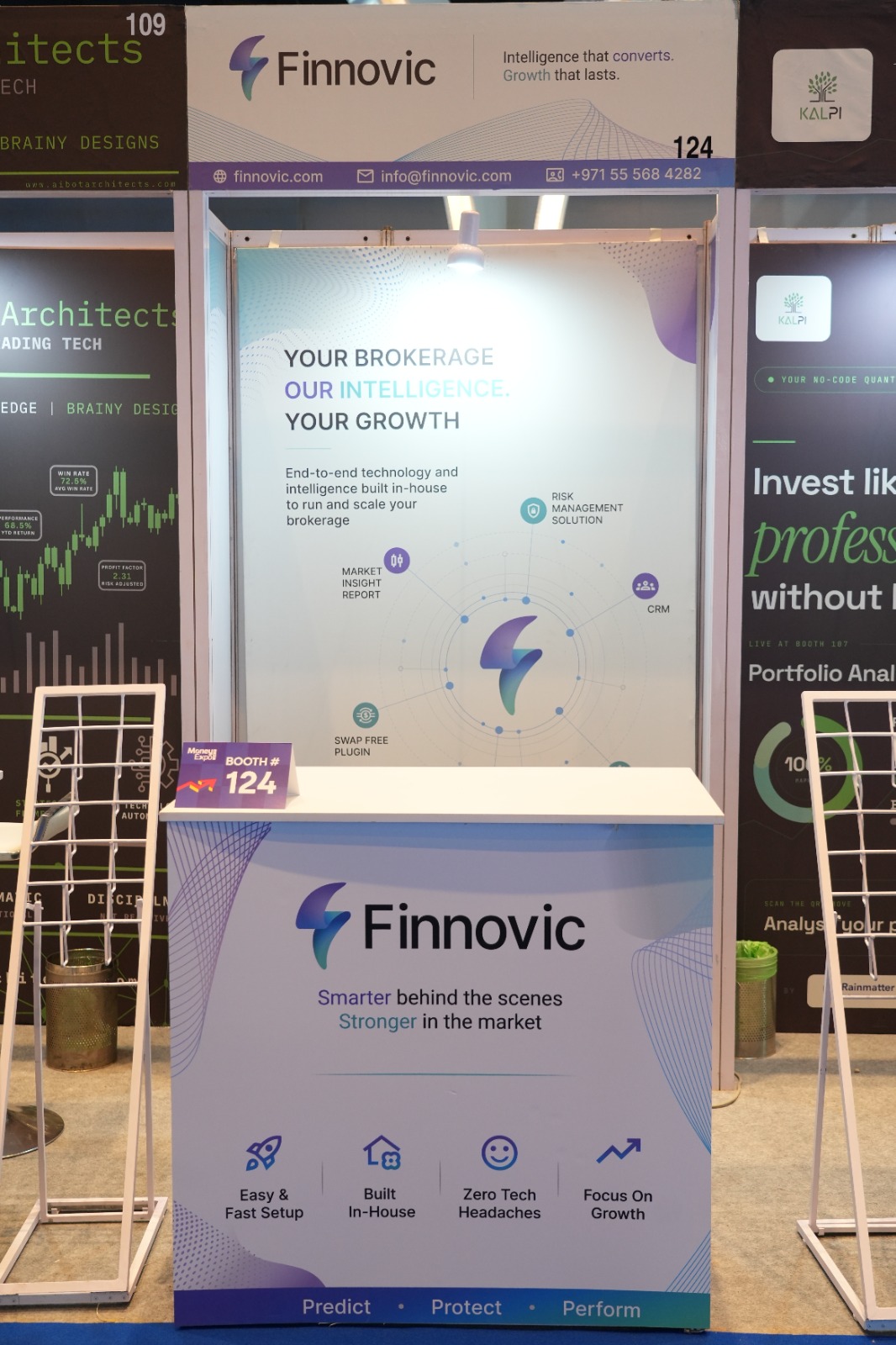 The Finnovic stand at Money Expo India 2026, with the product wall showing its risk management, CRM, market insight and swap-free tools